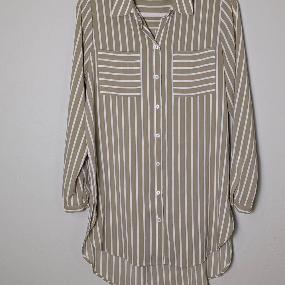 Susan Graver Chambray Boyfriend Taupe and White Striped Hi Low Hem Sz4 Lagenlook